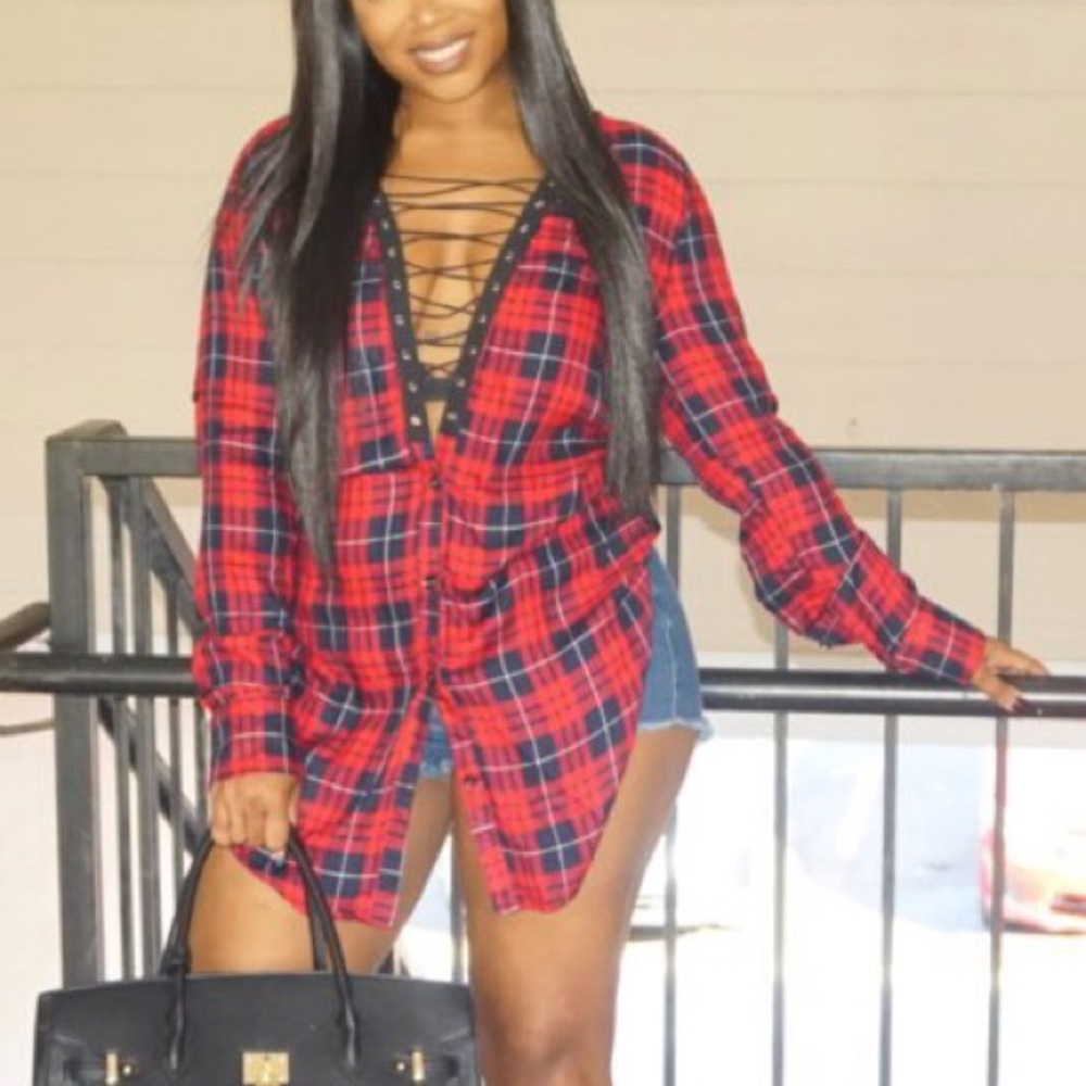 Red plaid lace up top